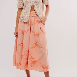 Free People Medium Pants Waverly Pants in Sun Blush Orange embroidered wide leg